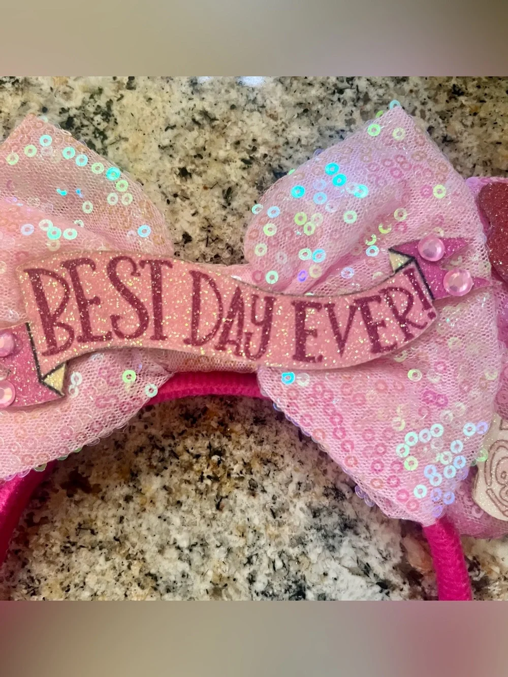 Pink Sequin Kids “Mickey Mouse” Ear Headband with 'Best Day Ever' Banner